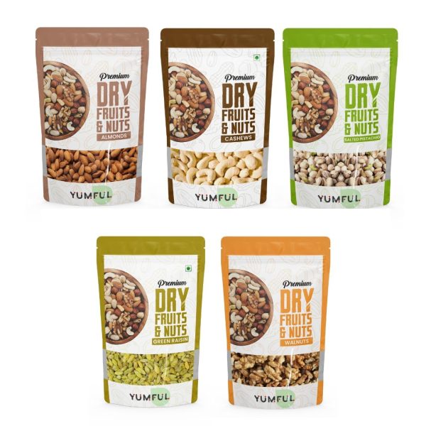Dry fruits combo 1kg Each Pack of 5 Badam, Kaju, Pista, Kishmish & Akhrot 5kg - Almonds, Cashews, Pistachios, Raisins, Walnuts