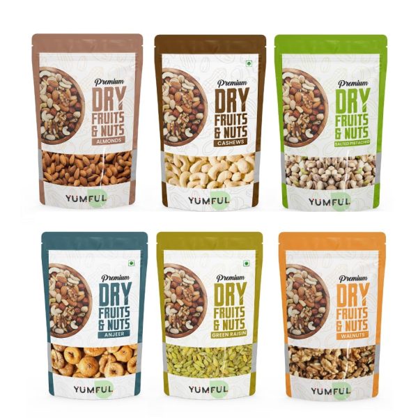 Premium Dry Fruits Combo Pack – 6 x 250g (Almonds, Cashews, Figs, Pistachios, Raisins, Walnuts)