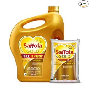5 Litre Jar + 1L Pouch Saffola Gold Refined Cooking oil | Power of 3 - Balance of Good Fats, Triple Anti-Oxidant System & Fortified with Vitamins | Multi-Source Edible Rice Bran & Sunflower Oil |